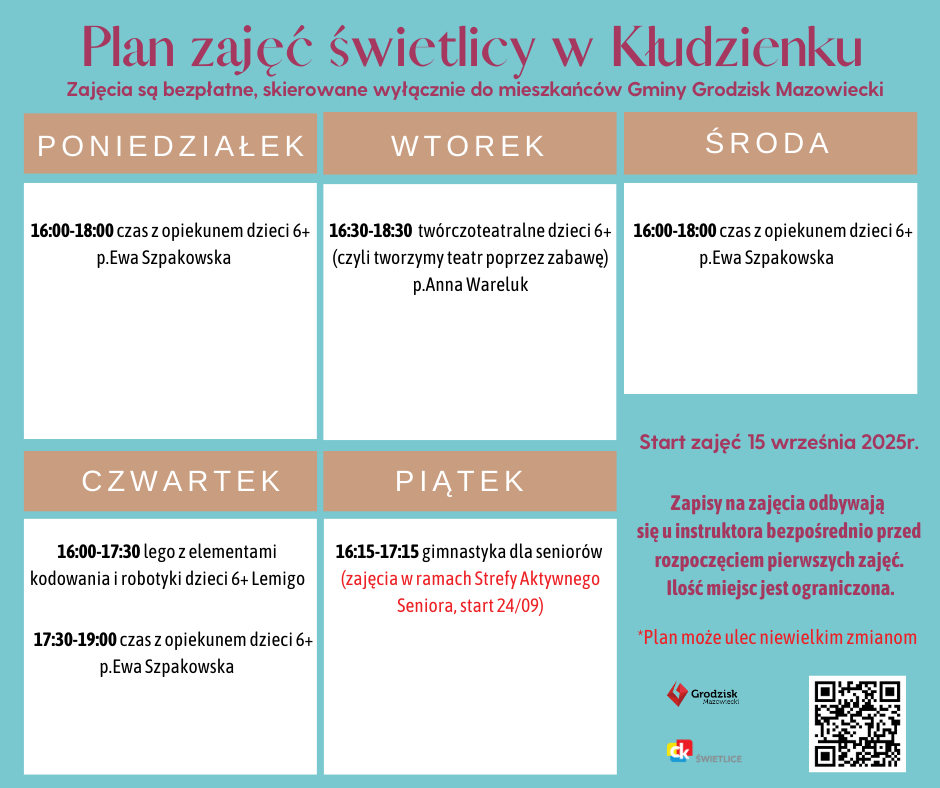 Plan zajęć świetlicy w Kłudnie Starym. Zajęcia są bezpłatne, skierowane wyłącznie do mieszkańców Gminy Grodzisk Mazowiecki. Poniedziałek 16:00-19:00 opiekuńczo-wychowawcze od 6 roku życia; p.Karolina Makowska (zajęcia w ramach Ośrodka Pomocy Społecznej) 17:30-18:30 gimnastyka dla seniorów (zajęcia w ramach Strefy Aktywnego Seniora) Wtorek 16:00-19:00 opiekuńczo-wychowawcze od 6 roku życia; p.Karolina Makowska (zajęcia w ramach Ośrodka Pomocy Społecznej) 16:00-17:00 lego 6+ Lemigo 17:05-18:05 kodowanie 6+ Lemigo Środa 16:00-19:00 opiekuńczo-wychowawcze od 6 roku życia; p.Karolina Makowska (zajęcia w ramach Ośrodka Pomocy Społecznej) Czwartek 16:00-19:00 opiekuńczo-wychowawcze od 6 roku życia; p.Karolina Makowska (zajęcia w ramach Ośrodka Pomocy Społecznej) 16:00-17:00 sportowe dla dzieci 6+; Flexi Worms 17:05-18:05 plastyczne dla dzieci 6+; Flexi Worms Piątek 16:00-19:00 opiekuńczo-wychowawcze od 6 roku życia; p.Karolina Makowska (zajęcia w ramach Ośrodka Pomocy Społecznej) Start zajęć 15 września 2025r. Zapisy na zajęcia odbywają się u instruktora bezpośrednio przed rozpoczęciem pierwszych zajęć. Ilość miejsc jest ograniczona. *Plan może ulec niewielkim zmianom