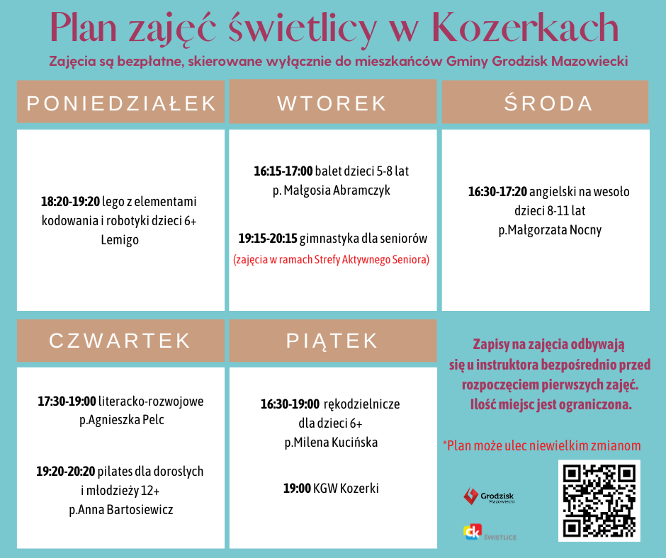 Plan zajęć świetlicy w Kozerkach. Zajęcia są bezpłatne, skierowane wyłącznie do mieszkańców Gminy Grodzisk Mazowiecki. Poniedziałek 18:20-19:20 lego z elementami kodowania i robotyki dzieci 6+ Lemigo Wtorek 16:15-17:00 balet dzieci 5-8 lat p. Małgosia Abramczyk 19:15-20:15 gimnastyka dla seniorów (zajęcia w ramach Strefy Aktywnego Seniora) Środa 16:30-17:20 angielski na wesoło dzieci 8-11 lat p.Małgorzata Nocny Czwartek 17:30-19:00 literacko-rozwojowe p.Agnieszka Pelc 19:20-20:20 pilates dla dorosłych i młodzieży 12+ p.Anna Bartosiewicz Piątek 16:30-19:00 rękodzielnicze dla dzieci 6+ p.Milena Kucińska 19:00 KGW Kozerki Zapisy na zajęcia odbywają się u instruktora bezpośrednio przed rozpoczęciem pierwszych zajęć. Ilość miejsc jest ograniczona. *Plan może ulec niewielkim zmianom