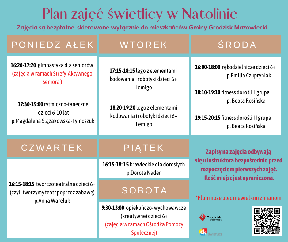 Plan zajęć świetlicy w Natolinie Zajęcia są bezpłatne, skierowane wyłącznie do mieszkańców Gminy Grodzisk Mazowiecki Poniedziałek 16:20-17:20 gimnastyka dla seniorów (zajęcia w ramach Strefy Aktywnego Seniora ) 17:30-19:00 rytmiczno-taneczne dzieci 6-10 lat p.Magdalena Ślązakowska-Tymoszuk Wtorek 17:15-18:15 lego z elementami kodowania i robotyki dzieci 6+ Lemigo 18:20-19:20 lego z elementami kodowania i robotyki dzieci 6+ Lemigo Środa 16:00-18:00 rękodzielnicze dzieci 6+ p.Emilia Czupryniak 18:10-19:10 fitness dorośli I grupa p. Beata Rosińska 19:15-20:15 fitness dorośli II grupa p. Beata Rosińska Czwartek 16:15-18:15 twórczoteatralne dzieci 6+ (czyli tworzymy teatr poprzez zabawę) p.Anna Wareluk Piątek 16:15-18: 15 krawieckie dla dorosłych p.Dorota Nader Sobota 9:30-13:00 opiekuńczo- wychowawcze (kreatywne) dzieci 6+ (zajęcia w ramach Ośrodka Pomocy Społecznej) Zapisy na zajęcia odbywają się u instruktora bezpośrednio przed rozpoczęciem pierwszych zajęć. Ilość miejsc jest ograniczona. *Plan może ulec niewielkim zmianom