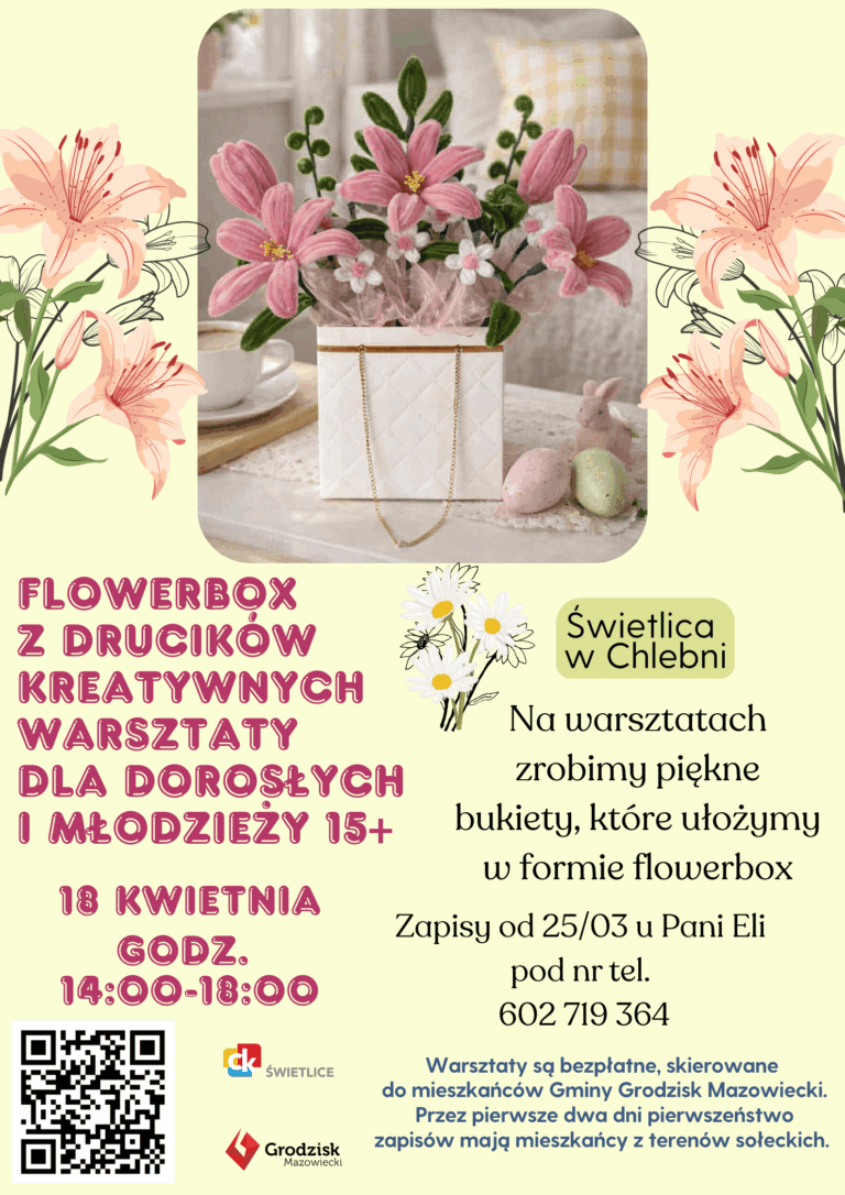 Flowerbox z drucików kreatywnych warsztaty dla dorosłych i młodzieży 15+. 18 kwietnia godzina 14:00-18:00. Świetlica w Chlebni. Na warsztatach zrobimy piękne bukiety, które ułożymy w formie flowerbox. Zapisy od 25/03 u Pani Eli pod nr tel. 602 719 364. Warsztaty są bezpłatne, skierowane do mieszkańców Gminy Grodzisk Mazowiecki. Przez pierwsze dwa dni pierwszeństwo zapisów mają mieszkańcy z terenów sołeckich.