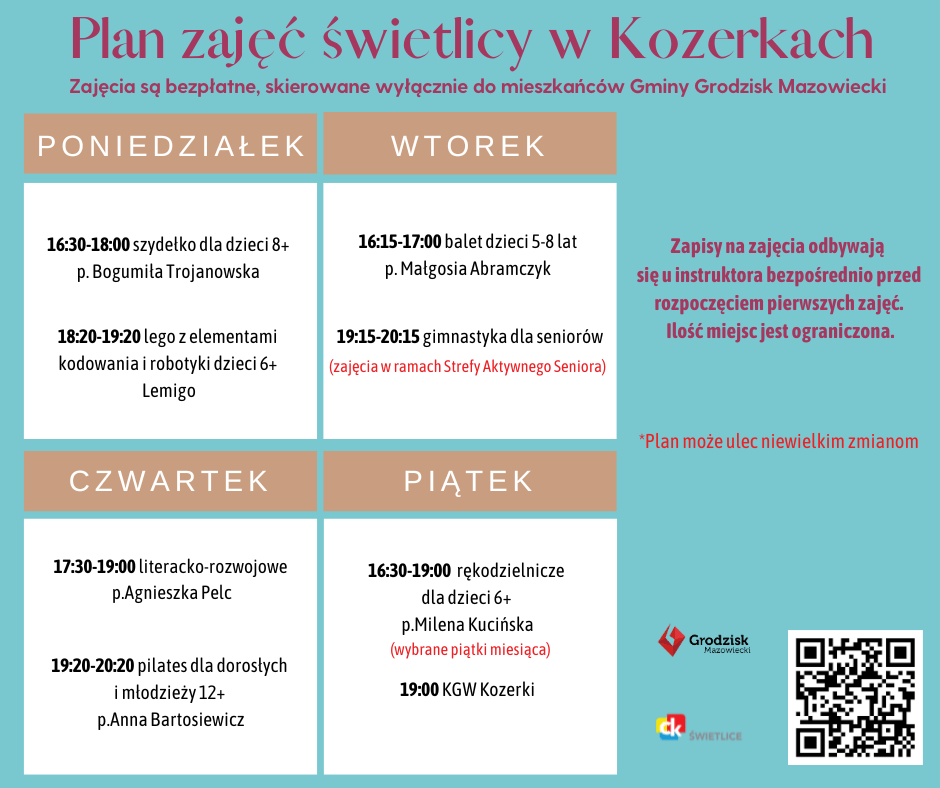 Plan zajęć świetlicy w Kozerkach. Zajęcia są bezpłatne, skierowane wyłącznie do mieszkańców Gminy Grodzisk Mazowiecki. Poniedziałek 16:30-18:00 szydełko dla dzieci 8+ p. Bogumiła Trojanowska 18:20-19:20 lego z elementami kodowania i robotyki dzieci 6+ Lemigo Wtorek 16:15-17:00 balet dzieci 5-8 lat p. Małgosia Abramczyk 19:15-20:15 gimnastyka dla seniorów (zajęcia w ramach Strefy Aktywnego Seniora) Czwartek 17:30-19:00 literacko-rozwojowe p.Agnieszka Pelc 19:20-20:20 pilates dla dorosłych i młodzieży 12+ p.Anna Bartosiewicz Piątek 16:30-19:00 rękodzielnicze dla dzieci 6+ p.Milena Kucińska (wybrane piątki miesiąca) 19:00 KGW Kozerki Zapisy na zajęcia odbywają się u instruktora bezpośrednio przed rozpoczęciem pierwszych zajęć. Ilość miejsc jest ograniczona. *Plan może ulec niewielkim zmianom