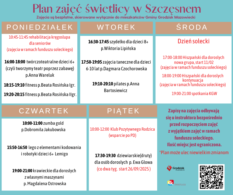 Plan zajęć świetlicy w Szczęsnem Zajęcia są bezpłatne, skierowane wyłącznie do mieszkańców Gminy Grodzisk Mazowiecki Poniedziałek 10:45-11:45 rehabilitacja kręgosłupa dla seniorów (zajęcia w ramach funduszu sołeckiego) 16:00-18:00 twórczoteatralne dzieci 6+ (czyli tworzymy teatr poprzez zabawę) p.Anna Wareluk 18:15-19:10 fitness p.Beata Rosińska Igr. 19:20-20:15 fitness p.Beata Rosińska IIgr. Wtorek 16:30-17:45 szydełko dla dzieci 8+ p.Wiktoria Lipińska 17:50-19:05 zajęcia taneczne dla dzieci 6-10 lat p.Dagmara Czochorowska 19:10-20:10 pilates p.Anna Bartosiewicz Środa Dzień sołecki 17:00-18:00 Hiszpański dla dorosłych nowa grupa, start 11/02 (zajęcia w ramach funduszu sołeckiego) 18:00-19:00 Hiszpański dla dorosłych kontynuacja (zajęcia w ramach funduszu sołeckiego) 19:00-21:00 spotkania KGW Czwartek 10:00-11:00 zumba gold p.Dobromiła Jakubowska 15:50-16:50 lego z elementami kodowania i robotyki dzieci 6+ Lemigo 19:00-21:00 krawieckie dla dorosłych z własnymi maszynami p.Magdalena Ostrowska Piątek 17:30-19:30 dziewiarskie(druty) dla osób dorosłych p. Ewa Głowa (co dwa tyg. start 26/09/2025) Zapisy na zajęcia odbywają się u instruktora bezpośrednio przed rozpoczęciem zajęć z wyjątkiem zajęć w ramach funduszu sołeckiego. Ilość miejsc jest ograniczona. *Plan może ulec niewielkim zmianom