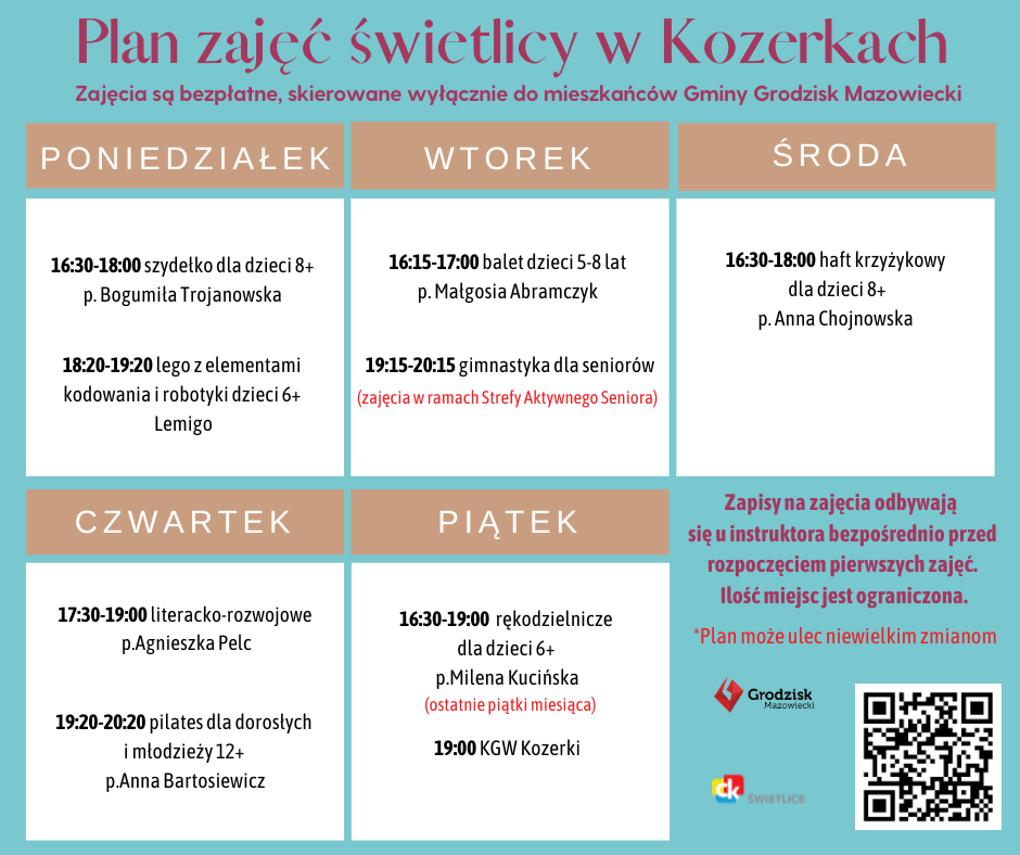 Plan zajęć świetlicy w Kozerkach. Zajęcia są bezpłatne, skierowane wyłącznie do mieszkańców Gminy Grodzisk Mazowiecki. Poniedziałek 16:30-18:00 szydełko dla dzieci 8+ p. Bogumiła Trojanowska 18:20-19:20 lego z elementami kodowania i robotyki dzieci 6+ Lemigo Wtorek 16:15-17:00 balet dzieci 5-8 lat p. Małgosia Abramczyk 19:15-20:15 gimnastyka dla seniorów (zajęcia w ramach Strefy Aktywnego Seniora) Środa 16:30-18:00 haft krzyżykowy dla dzieci 8+ p. Anna Chojnowska Czwartek 17:30-19:00 literacko-rozwojowe p.Agnieszka Pelc 19:20-20:20 pilates dla dorosłych i młodzieży 12+ p.Anna Bartosiewicz Piątek 16:30-19:00 rękodzielnicze dla dzieci 6+ p.Milena Kucińska (wybrane piątki miesiąca) 19:00 KGW Kozerki Zapisy na zajęcia odbywają się u instruktora bezpośrednio przed rozpoczęciem pierwszych zajęć. Ilość miejsc jest ograniczona. *Plan może ulec niewielkim zmianom